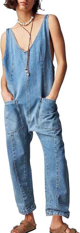 Photo 1 of {XL} PLNOTME Women's Denim Overall Jumpsuits Sleeveless V Neck Adjustable Straps Jeans Long Pants Rompers
