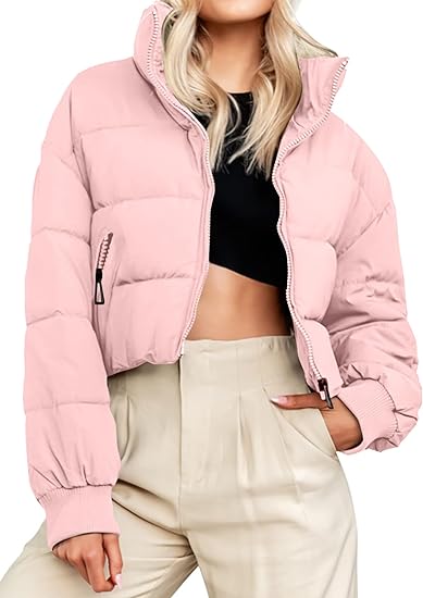 Photo 1 of {L} MEROKEETY Women's Winter Cropped Puffer Jacket Long Sleeve Oversized Stand Collar Zip-Up Short Down Coat
