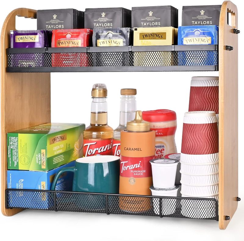 Photo 1 of ITHSKUILL Tea Bag Organizer, Large Capacity Tea Organizer for Tea Bags, Bamboo Multi-functional Storage Coffee Bar Accessories for Home Office Kitchen Counter Cabinet Pantry Organizer
