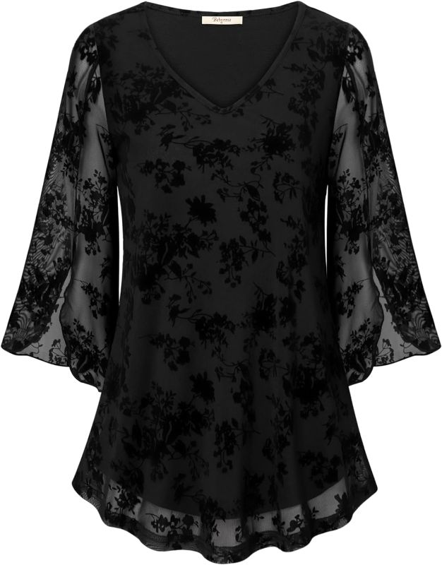 Photo 1 of {XXL} Bebonnie Womens Ruffle 3/4 Sleeve V Neck Double Layers Mesh Blouses Loose Fit Flowy Tunic Tops
