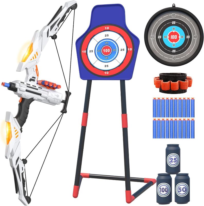 Photo 1 of QDRAGON Kids Bow and Arrow, Light-up Archery Set for Kids, with 3 Types of Targets, 20 Suction Cup Arrows, Wrist Band, Indoor Outdoor Toys Gifts for Boys Girls Ages 4 5 6 7 8 9 10 11 12
