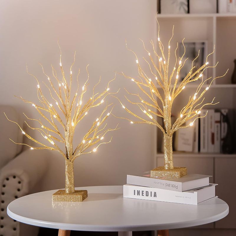 Photo 1 of Brightdeco Set of 2 Lighted Birch Tree 36LT LED Home Decorations Battery Operated Artificial Money Tree Gift Holder Decor Gold Glitter 18"
