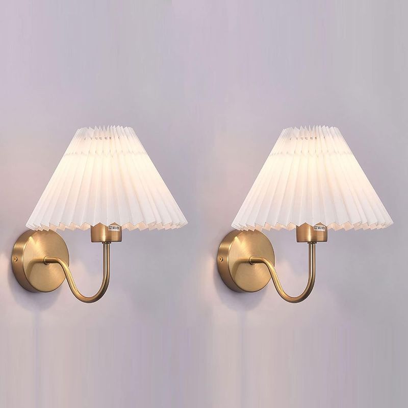Photo 1 of IBalody Wall Sconces Sets of 2, Pleated Fabric Wall Lamp Gold Bedside Wall Light Bathroom Dresser Vanity Light Hardwired Wall Lighting for Bedroom Living Room Hallway Kitchen
