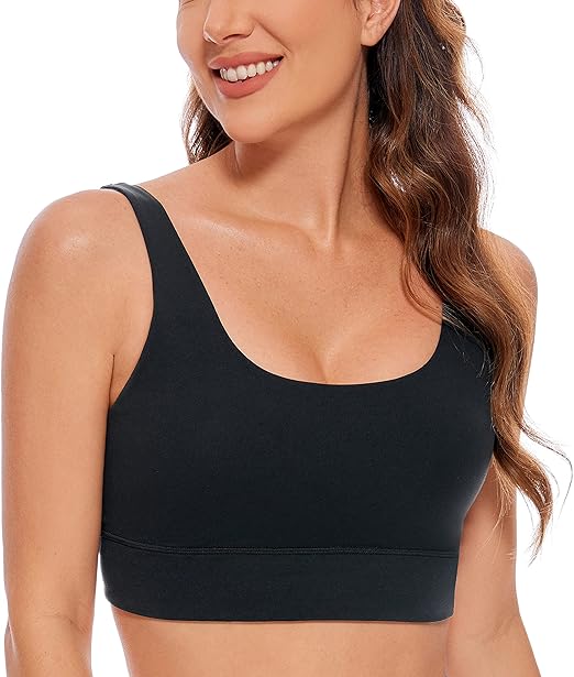 Photo 1 of {M} CRZ YOGA Butterluxe Womens U Back Sports Bra - Scoop Neck Padded Low Impact Yoga Bra Workout Crop Top with Built in Bra
