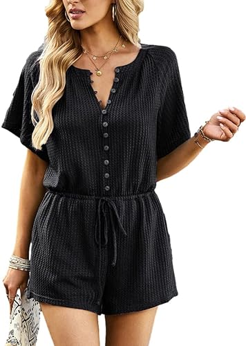 Photo 1 of {L} Tiko Miko Summer Knitted Rompers Women Soft Adjustable Waist Button Down Romper Overalls with Drawstring
