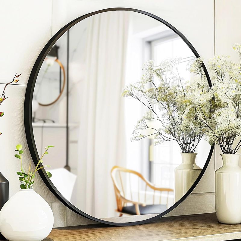 Photo 1 of Sunniry Black Round Mirror, Round Mirror 24 inch, Black Circle Mirror Metal Frame, Round Wall Mounted Mirrors for Living Room, Bathroom, Wall, Entryway, Rustic.
