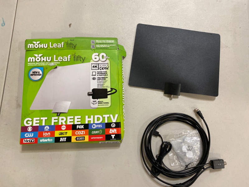 Photo 2 of Mohu Leaf 50 Amplified Indoor TV Antenna, 60-Mile Range, UHF/VHF Multi-directional, Paper-Thin, 16 ft. Coaxial Cable, 15dB Amplifier with USB Cable, Reversibile, Paintable, 4K-Ready HDTV, MH-110584
