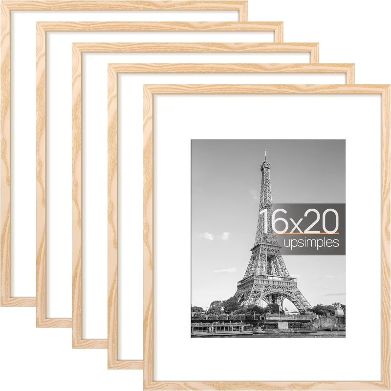 Photo 1 of upsimples 16x20 Picture Frame Set of 5, Display Pictures 11x14 with Mat or 16x20 Without Mat, Wall Gallery Poster Frames, Natural

