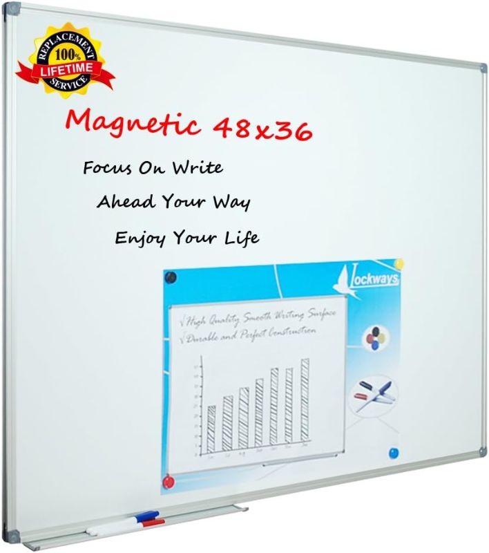 Photo 1 of Lockways White Board Dry Erase Board 48 x 36 Inch, Magnetic Whiteboard 4 x 3, Silver Aluminium Frame, Set Including 1 Detachable Aluminum Marker Tray, 3 Dry Erase Markers, 8 Magnets
