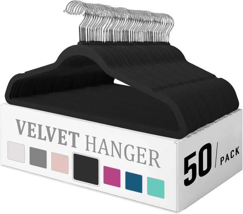 Photo 1 of Premium Velvet Hangers 50 Pack, Heavy Duty Study Black Hangers for Coats, Suit & Dress - Non Slip Clothes Hanger Set - Space Saving Felt Hangers for Clothing
