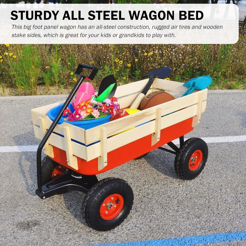 Photo 2 of Sanch Ancha Classic Red Steel Wagon, 176lb Capacity, 10 Inch Air Tires, Foldable Handle, Removable Wooden Sides
