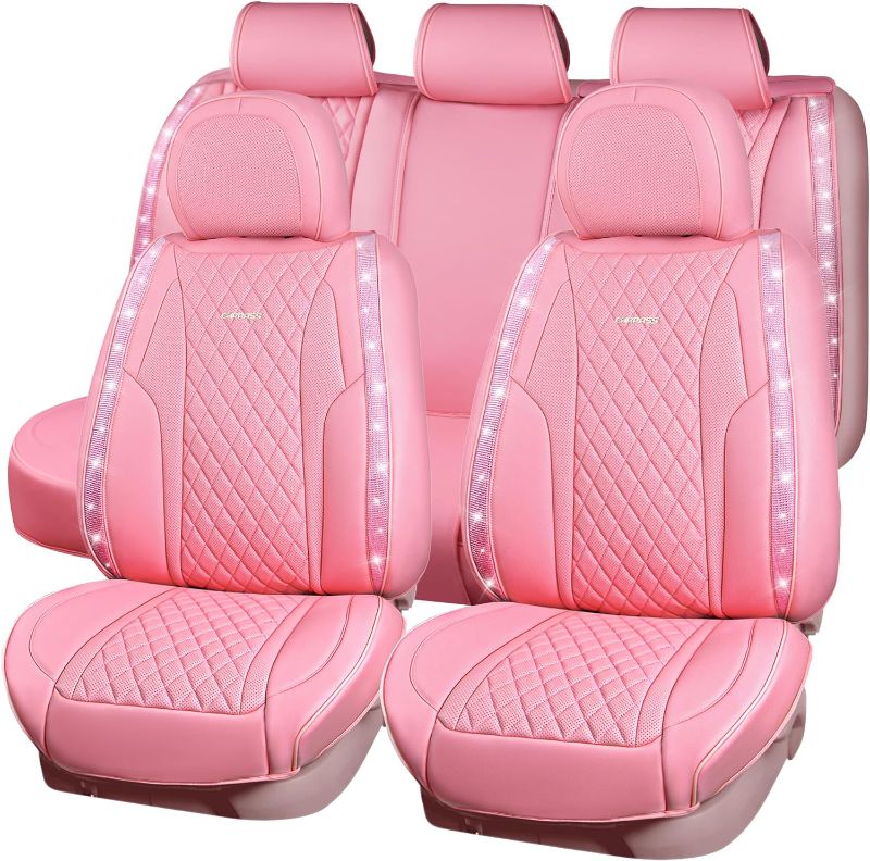 Photo 1 of CAR PASS® Pink Nappa Leather Bling Diamond Seat Covers Full Seats, Waterproof Heavy-Duty Anti-Slip, Universal Fit for 95% Auto SUV Sedan Truck, Glitter Sparkle Shining (Pink Rhinestone Leather)
