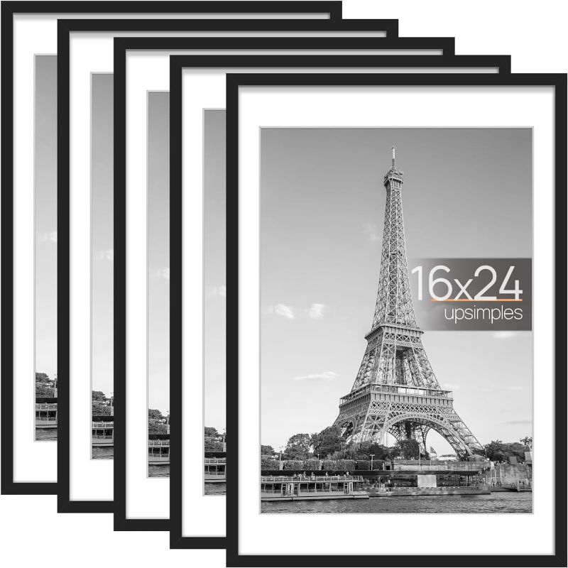 Photo 1 of upsimples 16x24 Picture Frame Set of 5, Display Pictures 14x20 with Mat or 16x24 Without Mat, Wall Gallery Photo Frames, Black
