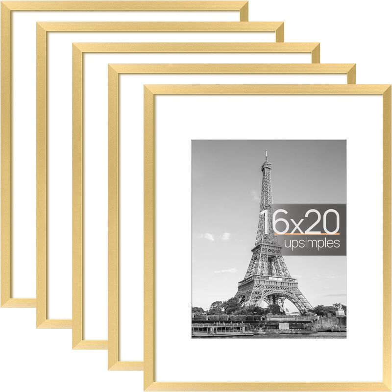 Photo 1 of upsimples 16x20 Picture Frame Set of 5, Display Pictures 11x14 with Mat or 16x20 Without Mat, Wall Gallery Poster Frames, Gold
