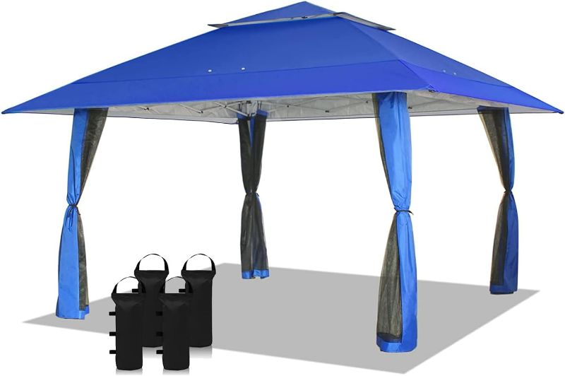 Photo 1 of CROWN SHADES 13X13 Outdoor Pop Up Gazebo Base 10X10 Patio Gazebos Patented Center Lock Quick Setup Newly Designed Cover Bag Instant Canopy Tent with Mosquito Nettings (13x13, Blue)
