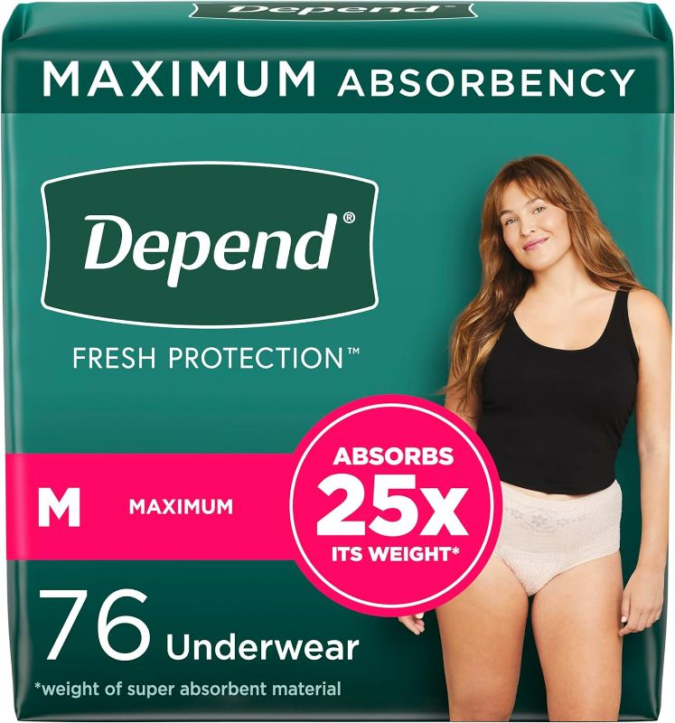 Photo 1 of Depend Fresh Protection Adult Incontinence & Postpartum Bladder Leak Underwear for Women, Disposable, Maximum, Medium, Blush, 76 Count (2 Packs of 38), Packaging May Vary