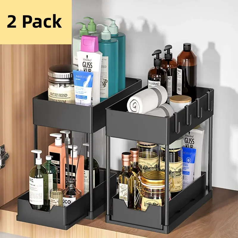 Photo 1 of 2-Tier Under the Sink Organizer with Sliding Storage Drawer, Under Cabinet Basket, Kitchen Under Sink Organizer, Under Cabinet Bathroom Organizer for Bathroom Kitchen 2 Pack (Black)
