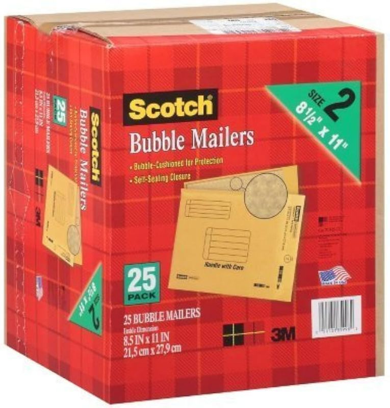 Photo 1 of 3M Scotch 8.5'' x 11'' Bubble Mailer Envelope, Size #2, 25 Per Box

