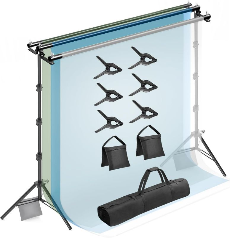 Photo 1 of Julius Studio 10 x 10 ft. Triple Crossbar Backdrop Stand Double Photo Background Support, New Metal Cap Design, Upgraded Sturdy Structure, Spring Clamps, Sand Bags, JSAG596
