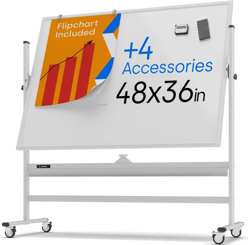 Photo 1 of Rolling Dry Erase Board 48 x 36 - Large Portable Magnetic Whiteboard with Stand - Double Sided Easel Style Whiteboard with Wheels - Mobile Standing Whiteboard for Office, Classroom & Home
