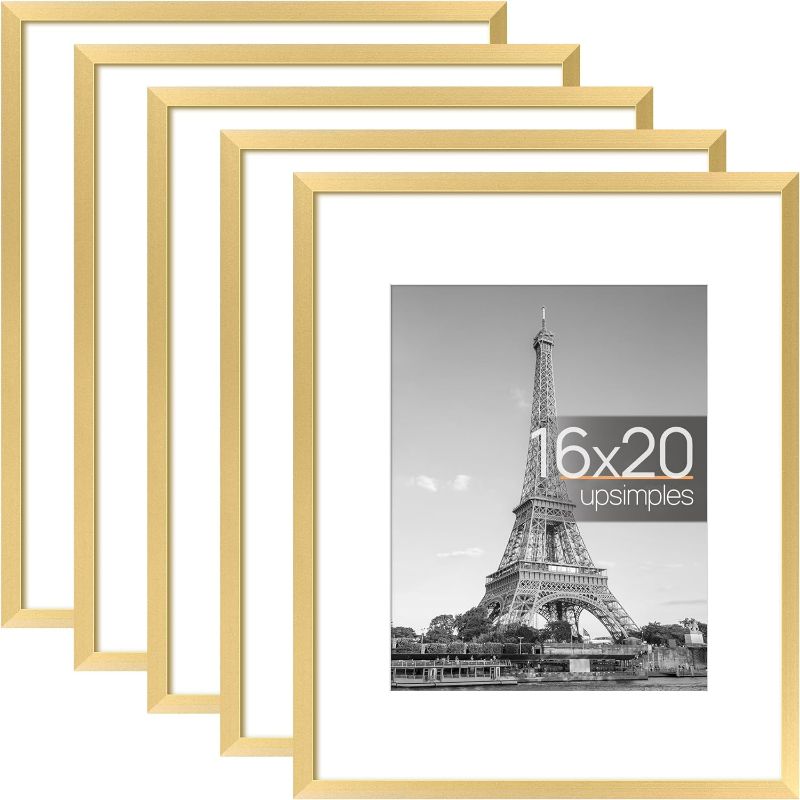 Photo 1 of 16x20 Picture Frame Set of 5, Display Pictures 11x14 with Mat or 16x20 Without Mat, Wall Gallery Poster Frames, Gold
