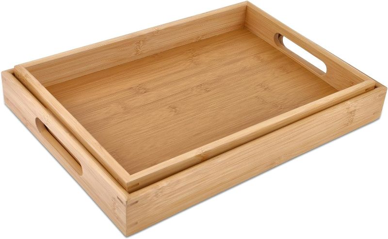 Photo 1 of Bamboo Dinner Food Trays for Eating On Couch Party Platters for Serving Food Decorative Tray for Kitchen Counter Rectangle(15.74" Lx11.2”W and 14.76”Lx10.23”W)
