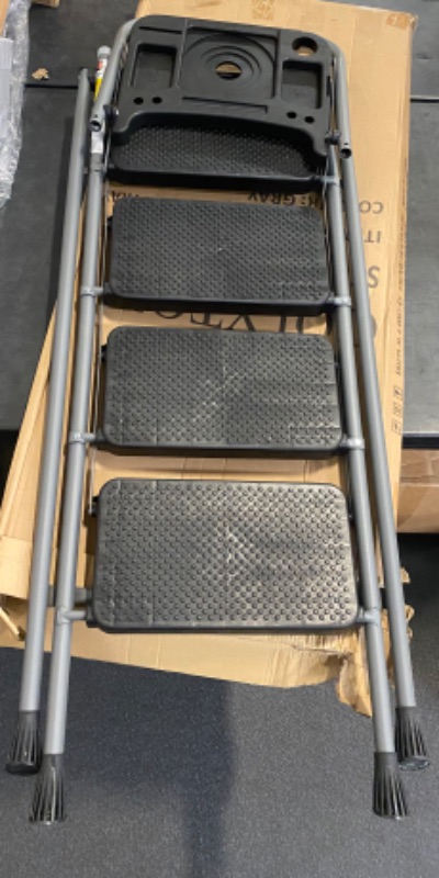 Photo 1 of 4 Step Ladder, GOLYTON Lightweight Folding 4 Step Stool with Tool Platform, Wide Anti-Slip Pedal and Convenient Handgrip, Sturdy Steel Ladder Hold Up to 350 lbs, Gray

