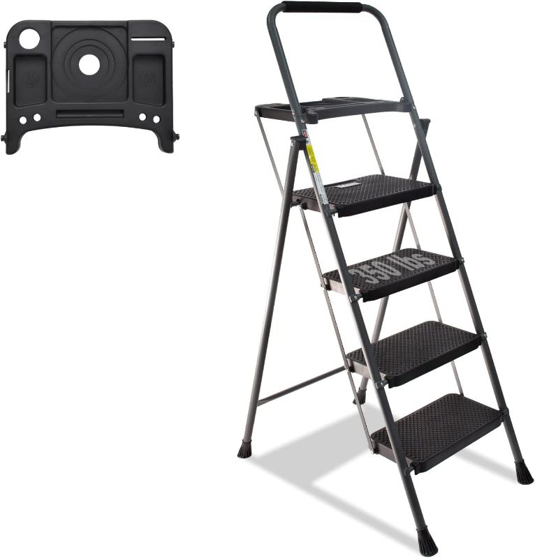 Photo 1 of 4 Step Ladder, GOLYTON Lightweight Folding 4 Step Stool with Tool Platform, Wide Anti-Slip Pedal and Convenient Handgrip, Sturdy Steel Ladder Hold Up to 350 lbs, Gray

