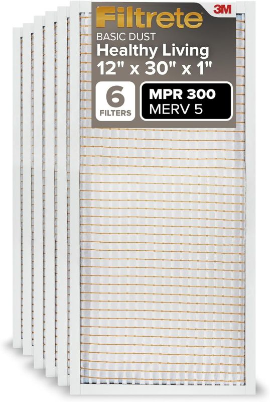 Photo 1 of Filtrete 12x30x1 AC Furnace Air Filter, MERV 5, MPR 300, Capture Unwanted Particles, 3-Month Pleated 1-Inch Electrostatic Air Cleaning Filter, 6-Pack (Actual Size11.81x29.81x0.813 in)