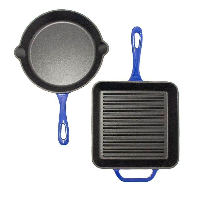 Photo 1 of BergHOFF 2Pc Enameled Cast Iron 10" Fry Pan, 10" Grill Pan Set, Induction Cooktop Ready, Oven Safe Up to 400°F, Blue 2Pc - Blue
