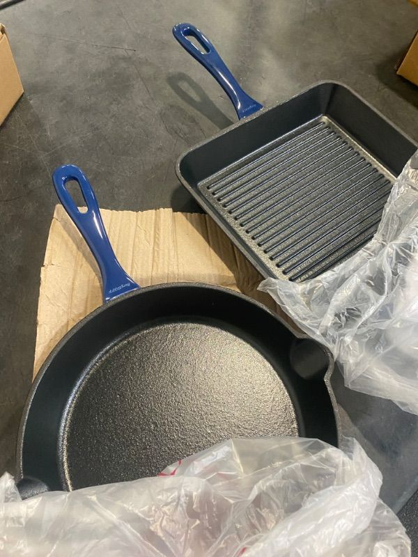 Photo 2 of BergHOFF 2Pc Enameled Cast Iron 10" Fry Pan, 10" Grill Pan Set, Induction Cooktop Ready, Oven Safe Up to 400°F, Blue 2Pc - Blue
