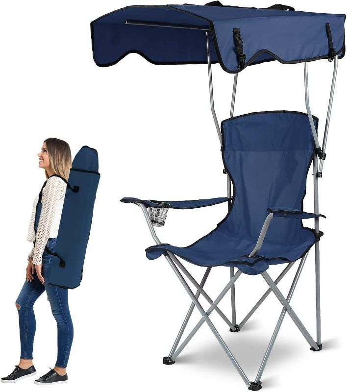 Photo 1 of Moclever Camp Chairs, Foldable Beach Canopy Chair, Heavy Duty Sun Protection Camping Lawn Canopy Chair with Cup Holder for Outdoor Beach Camp Park Patio-NavyBlue
