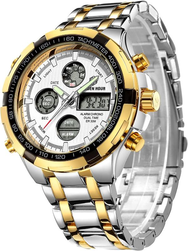 Photo 1 of GOLDEN HOUR Luxury Stainless Steel Analog Digital Watches for Men Male Outdoor Sport Waterproof Big Heavy Wristwatch
