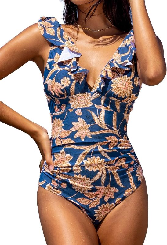 Photo 1 of CUPSHE Women's Ruffled One Piece Swimsuit V Neck Lace Up, Size XL
