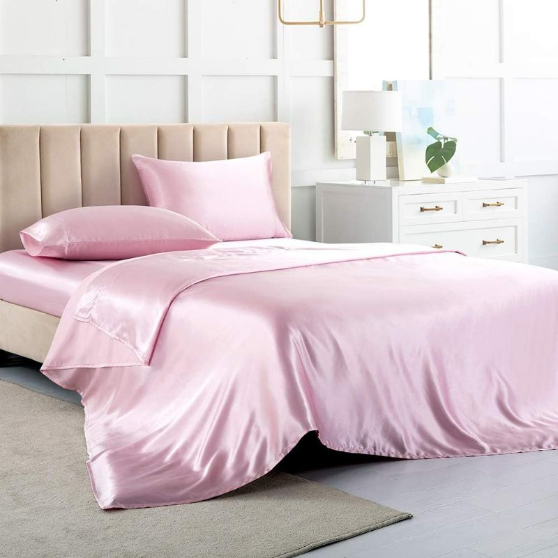 Photo 1 of Satin Bed Sheets Full Size Sheet Sets, Pink Silk Sheets, 4 - Pieces Soft Bedding Set with 1 Deep Pocket Fitted Sheet,1 Flat Sheet,2 Pillowcase
