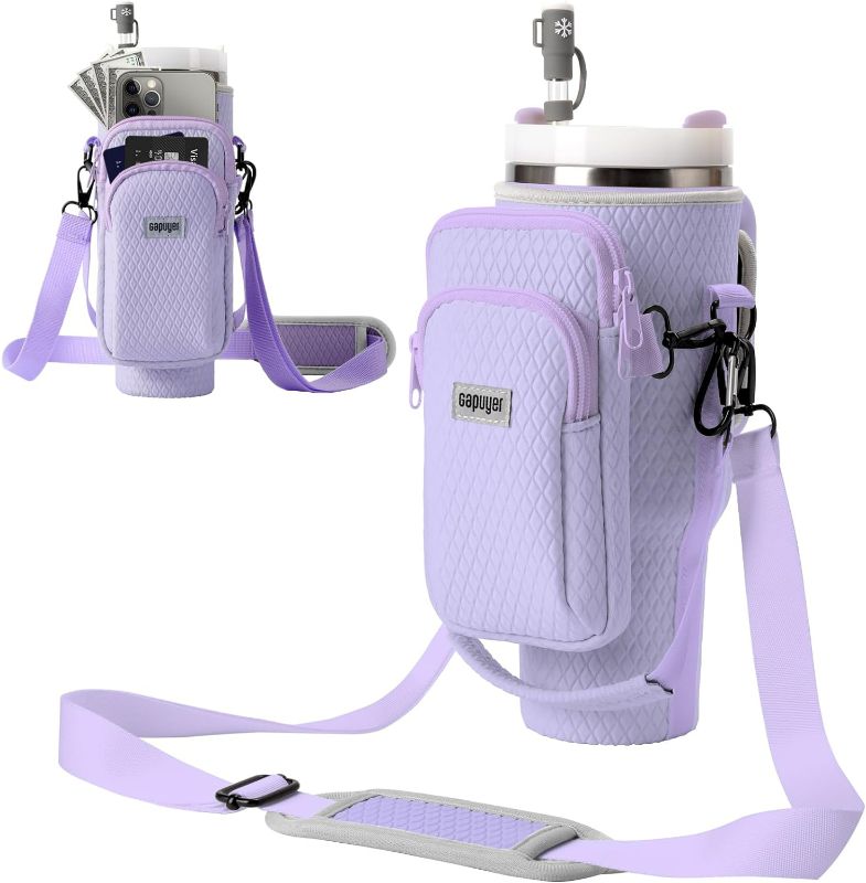 Photo 1 of Water Bottle Carrier Bag with 3D Embossing for Stanley 40oz Tumbler, Adjustable Shoulder Strap, Detachable Phone Purse, Carabiner
