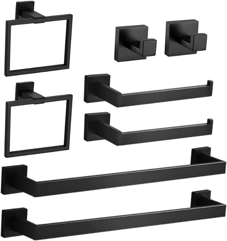 Photo 1 of 8-Piece Bathroom Hardware Accessories Set Towel Bar Sets include Towel Bar Towel Holder Toilet Paper Holder Towel Hook, 16 inch Bath Accessories Kit Matte Black, 2 Pack