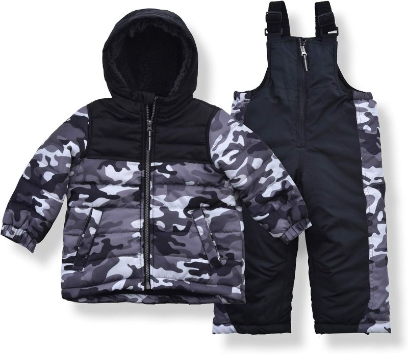Photo 1 of (3T) Arctic Quest Toddler Boys Camouflage Snowsuit Fleece Lined Hooded Jacket and Bib Set, Black Grey Camo, 3T
