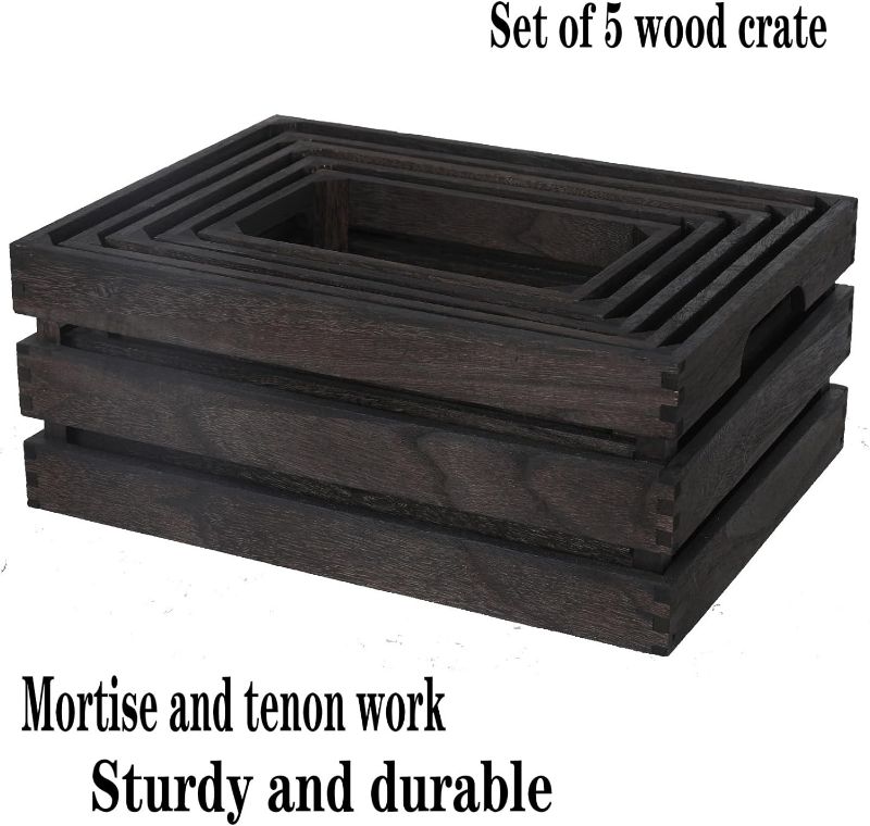 Photo 2 of Set of 5 Nesting Wooden Crates, Rustic Wood Basket with Handles, Decorative Farmhouse display Wood large Storage crate Box (Black)
