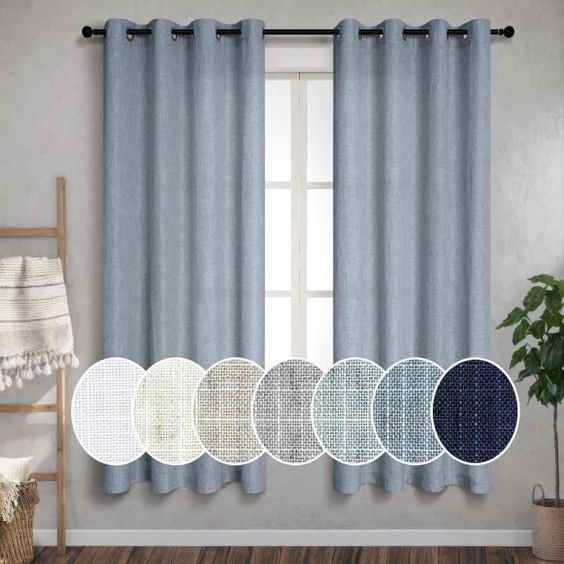 Photo 1 of Blue Sheer Curtains 63 Inch Length for Living Room 2 Panels Home Fashion Semi Blackout Linen Curtains for Bedroom Kitchen Dusty Grey Country Blue
