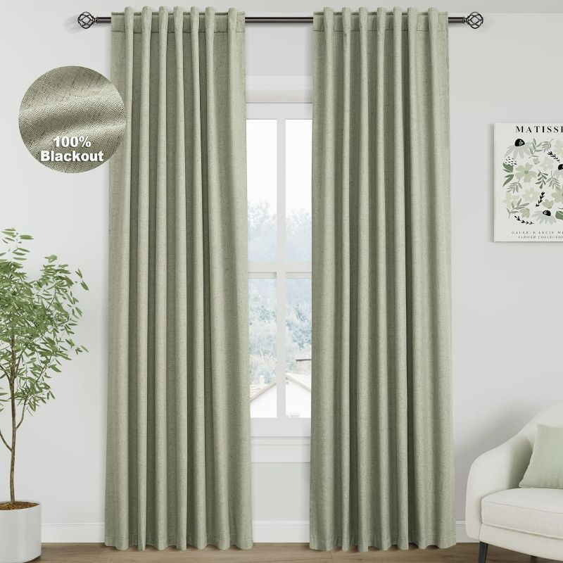 Photo 1 of Sage Green Blackout Curtains 84 inch Length for Bedroom Back Tab Sage Linen Drapes Thermal Insulated Winter Spring Living Room Decor Light Green Black Out Curtains 2 Panels Set
