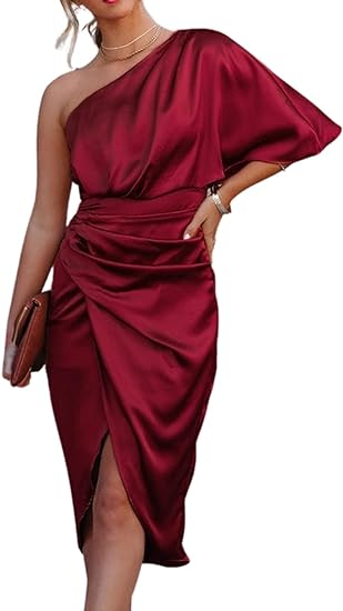 Photo 1 of (S) CUPSHE Women's Satin Dress Backless One Shoulder Short Sleeves Midi High Low Hem Cocktail Party Dress Size SMALL
 