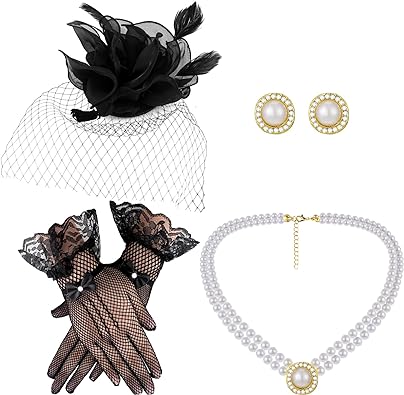 Photo 1 of Bencailor Tea Party Hats and Gloves Set for Women Include Mesh Hats Lace Gloves Necklace Earring for Women Girls
