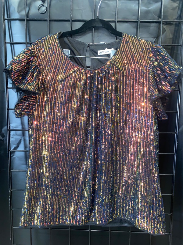 Photo 2 of (M/L) GRACE KARIN Women's Sparkly Sequin Tops Short Sleeve Glitter Dressy Blouses Round Neck Party Club Ruffle Sequins Shirts Size MEDIUM-LARGE