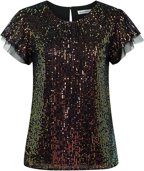 Photo 1 of (M/L) GRACE KARIN Women's Sparkly Sequin Tops Short Sleeve Glitter Dressy Blouses Round Neck Party Club Ruffle Sequins Shirts Size MEDIUM-LARGE