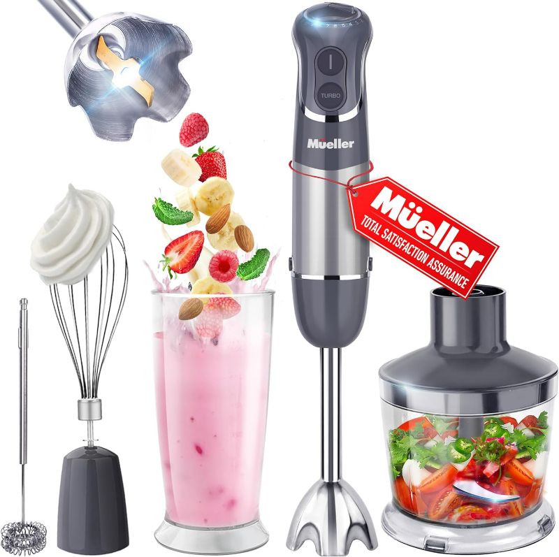 Photo 1 of Mueller Multistick 800W 3-in-1 Immersion Blender Handheld, 12 Speed with Turbo Boost, Heaviest Duty Copper Motor, Titanium Blades Hand Blender, Ergonomic Grip, Whisk, Beaker, Chopper
