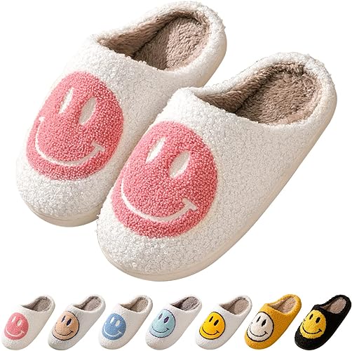 Photo 1 of Size 4 - Face Slippers fpr Women Happy face slippers Retro Soft Plush Warm Slip-on Slippers, Cozy Indoor Outdoor Slippers 