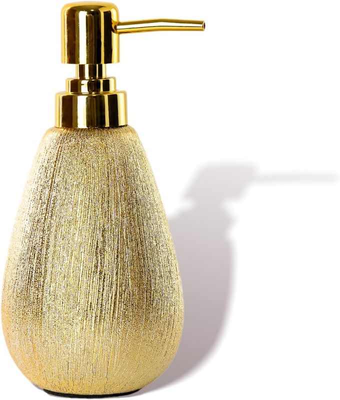 Photo 1 of Brushed Gold Ceramic Soap Dispenser for Bathroom Kitchen, Luxurious Textured Hand Soap Dispenser for Countertop, 11 oz Refillable Dish Soap Dispenser with Golden Plastic Pump
