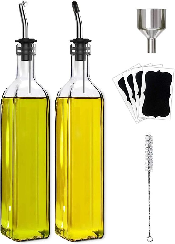 Photo 1 of Olive Oil Dispenser Bottle, 2 Pcs Glass Olive Oil Dispenser and Vinegar Dispenser Set with 2 Stainless Steel Pourers, 4 Labels,1 Brush and 1 Funnel Oil Bottles for Kitchen (500ml)
