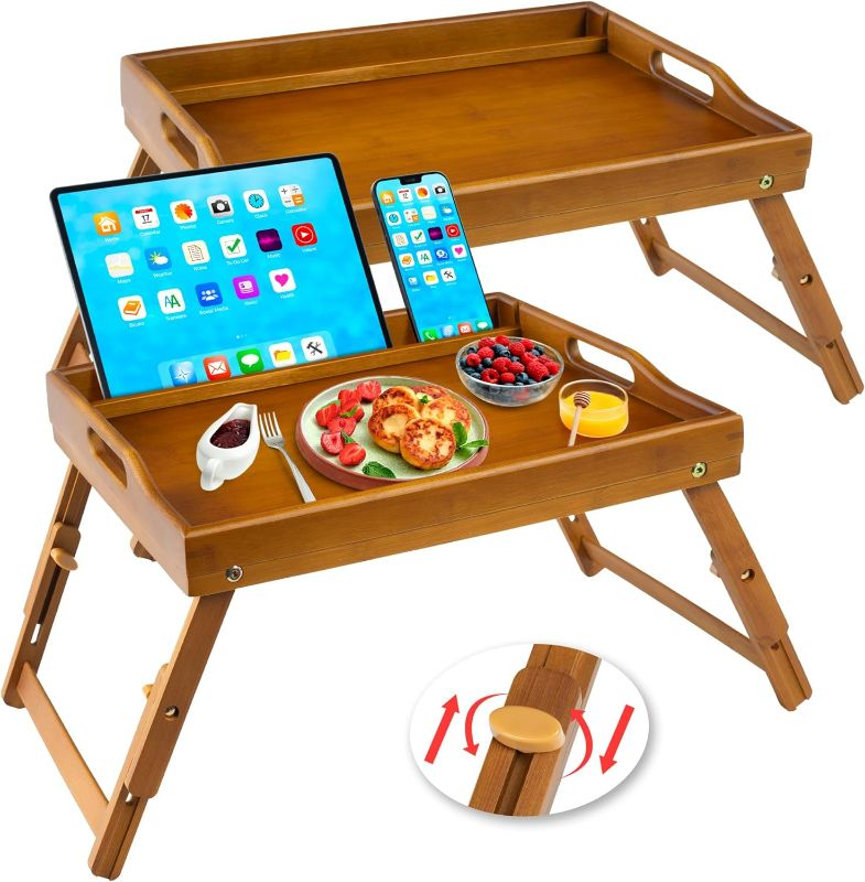 Photo 1 of 2 Pack Bed Tray Table with Handles Folding Legs, Bamboo Breakfast Food Tray with Media Slot, Use As Platter, Laptop Desk, Snack, TV Tray Kitchen Serving Tray(Brown)
